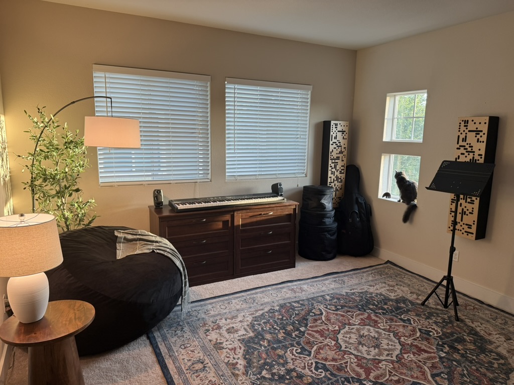 Warm North Austin teaching loft with piano, music stand, rug, and violin cases